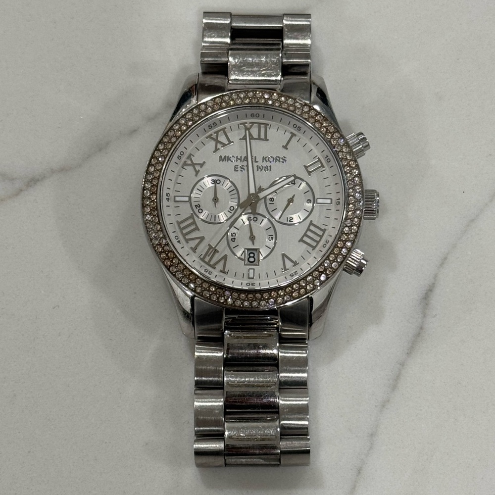 Michael Kors Silver Chronograph Watch with Crystal Bezel
